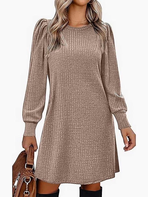 Women's Plain Pocket Round Neck A Line Dress, Casual Long Sleeve Crew Neck Short Dress for Fall & Winter, Women's Clothing for Daily Wear